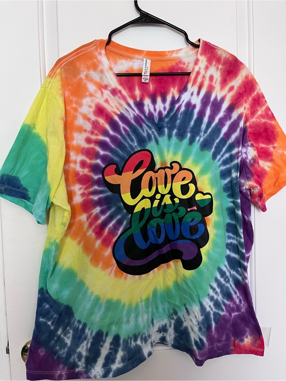 Tie-Dye "Love is Love" graphic  V‑Neck Tee Shirt - Rainbow 3XL